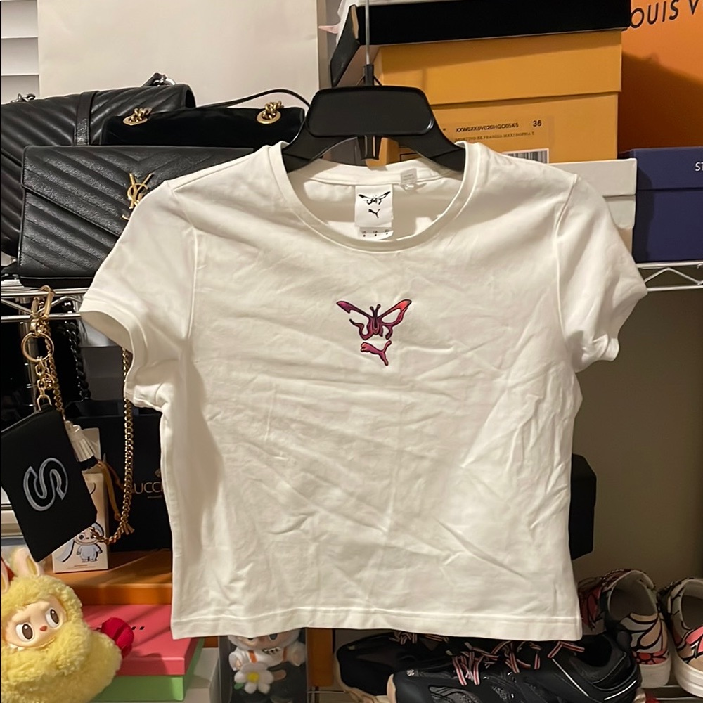 PUMA White Crop Tee with Pink Butterfly Motif